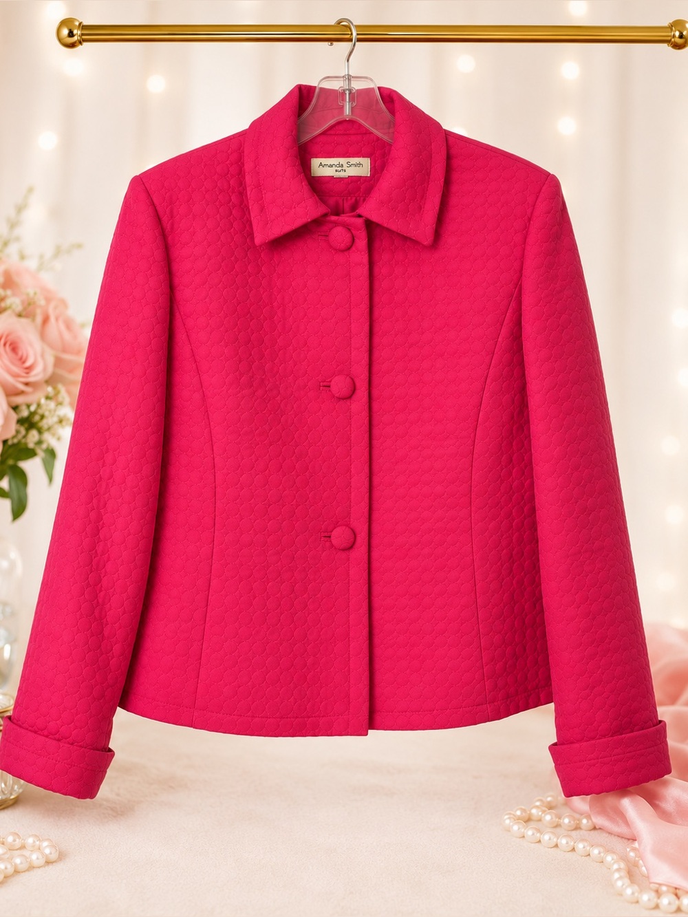 Amanda Smith Quilted Fuchsia Jacket Button Front Fully Lined Textured